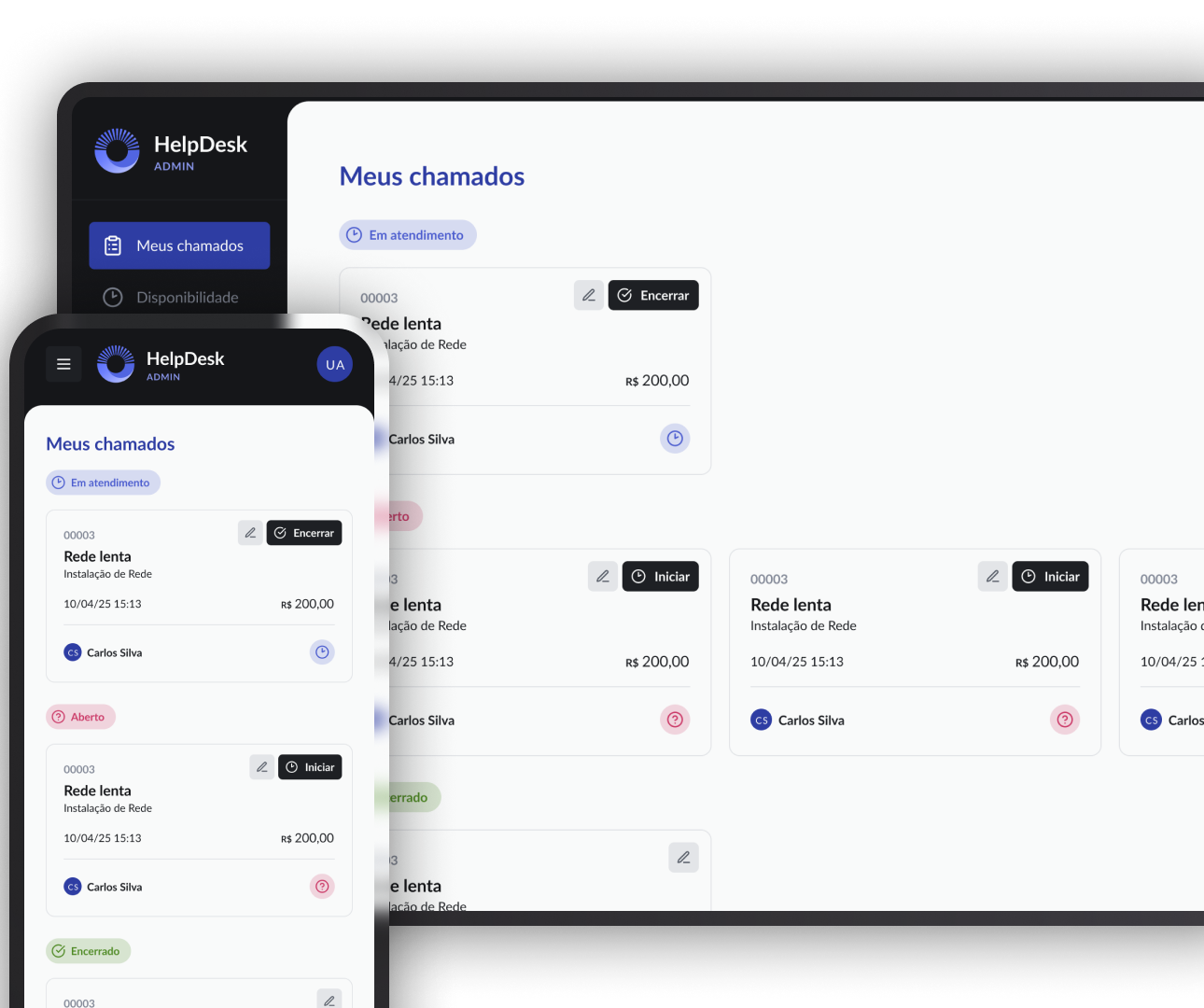 Painel de chamados do Sistema Help Desk DmCode